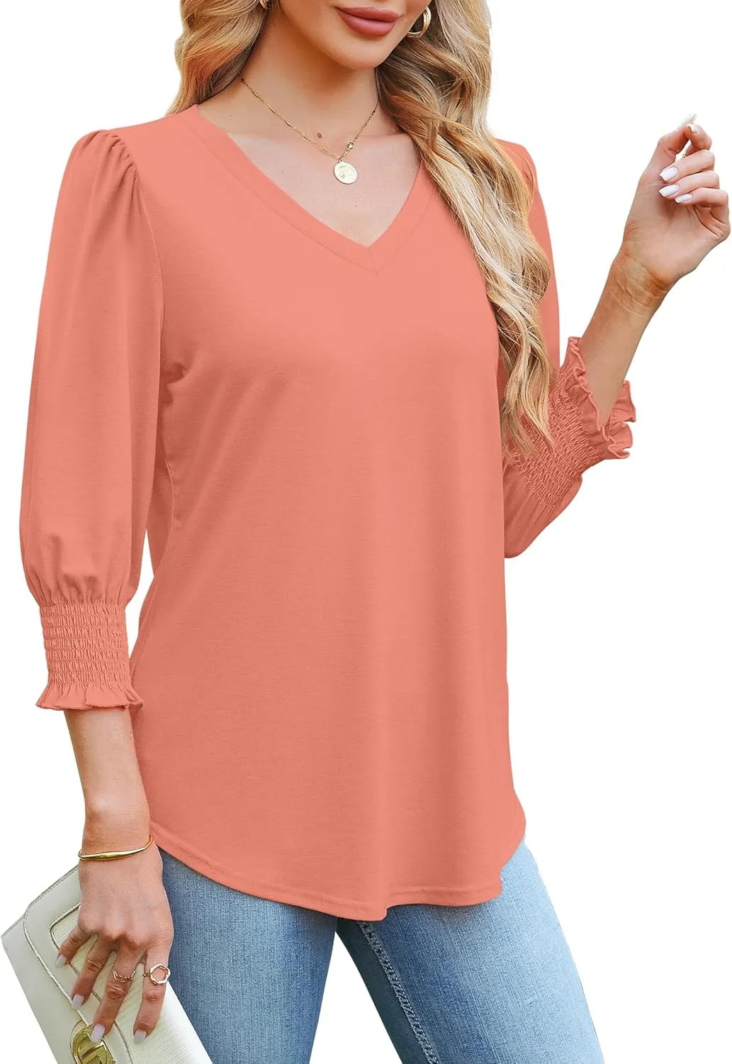 SAMPEEL 3/4 Length Sleeve Womens Tops Dressy Casual Blouses V Neck T Shirts with Smocked Cuffs
