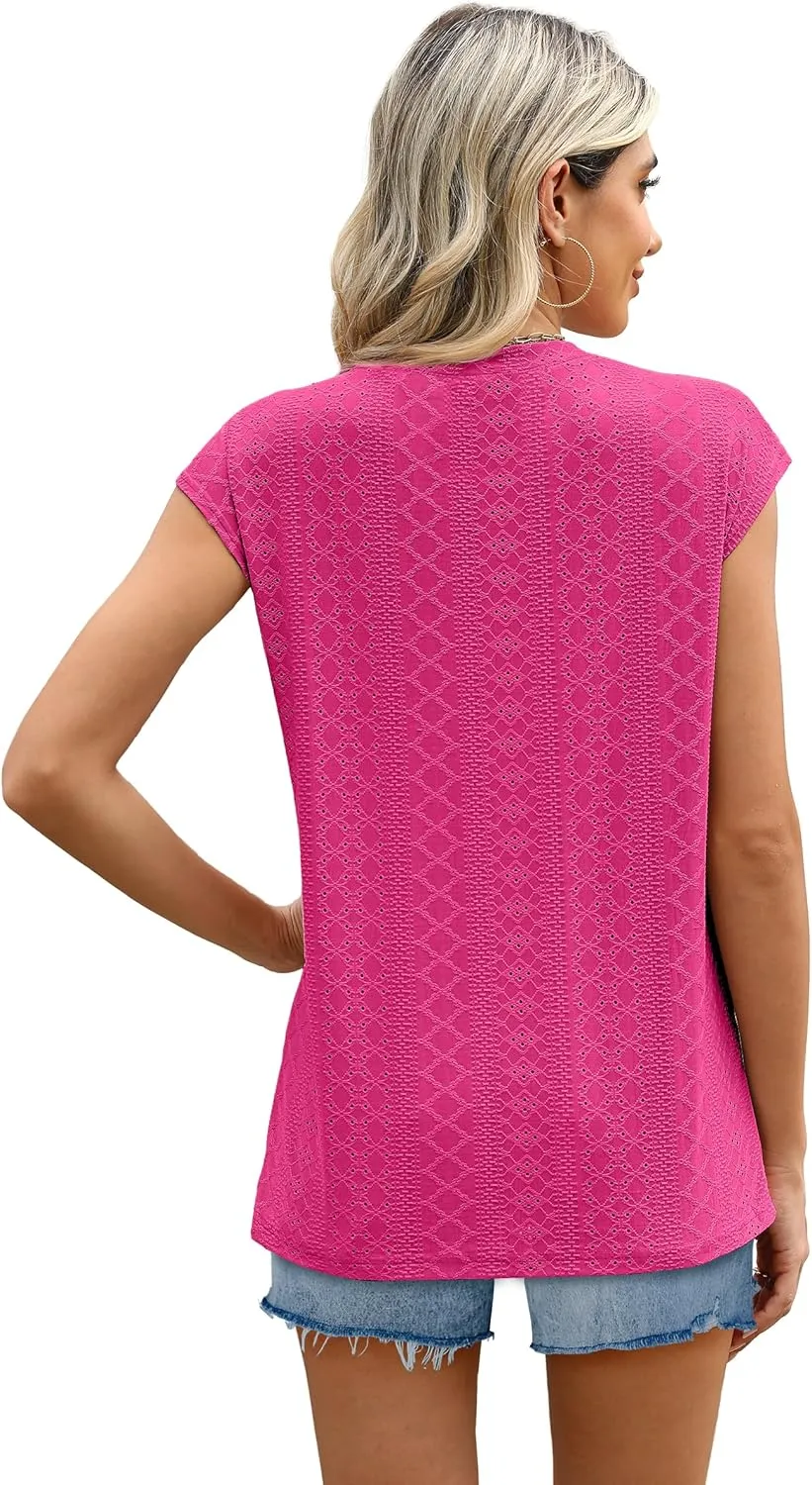SAMPEEL Womens T Shirts Short Sleeve Pleated Dressy Casual Cap Sleeve Summer Tops Blouses