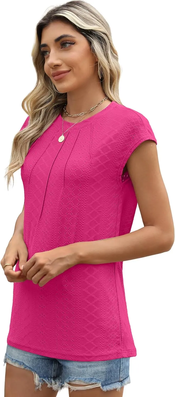 SAMPEEL Womens T Shirts Short Sleeve Pleated Dressy Casual Cap Sleeve Summer Tops Blouses