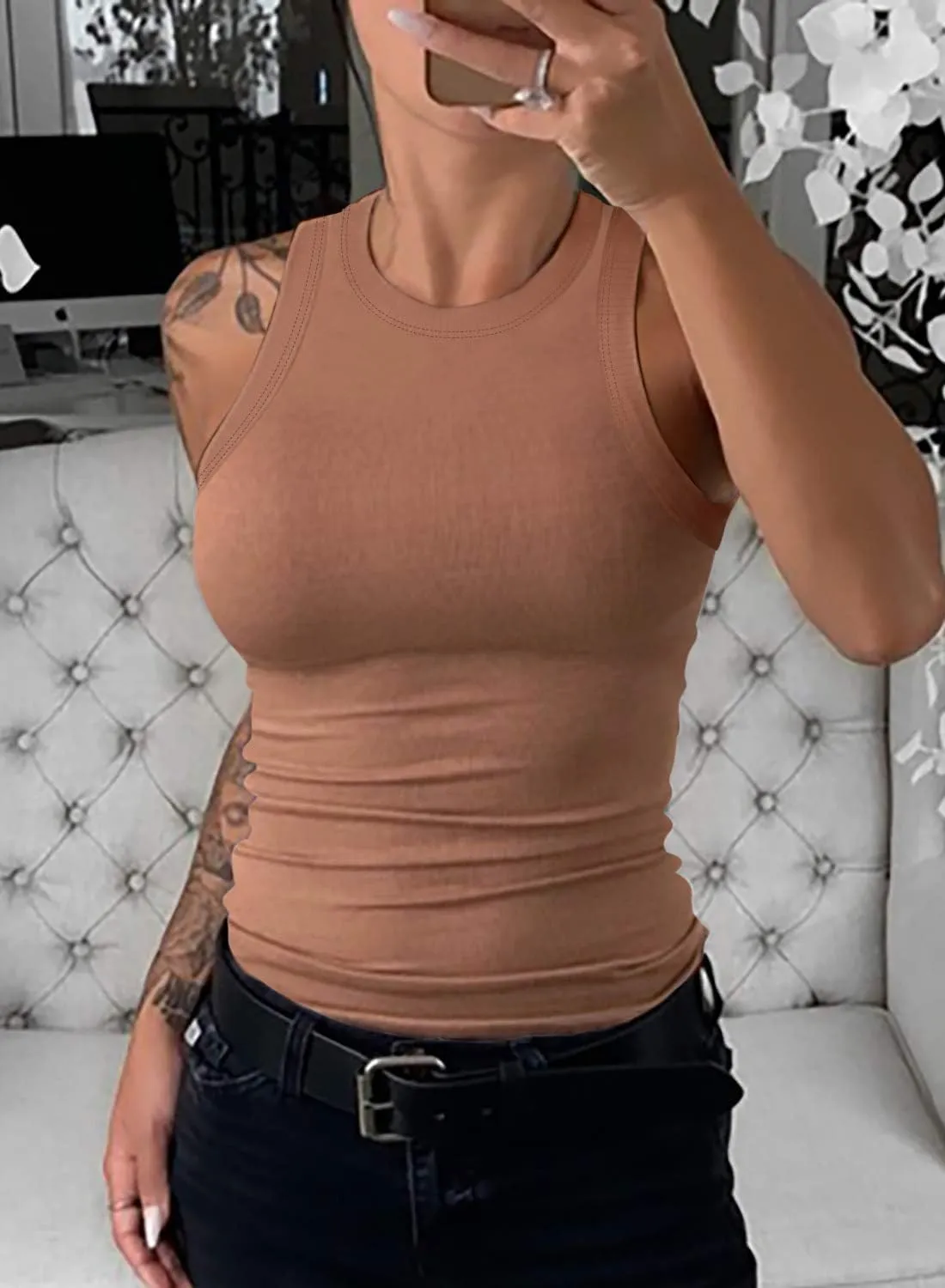 SANDERY Women Tank Tops Summer Sleeveless Basic Cami Top Shirt Slim Knit Ribbed Racerback Blouses