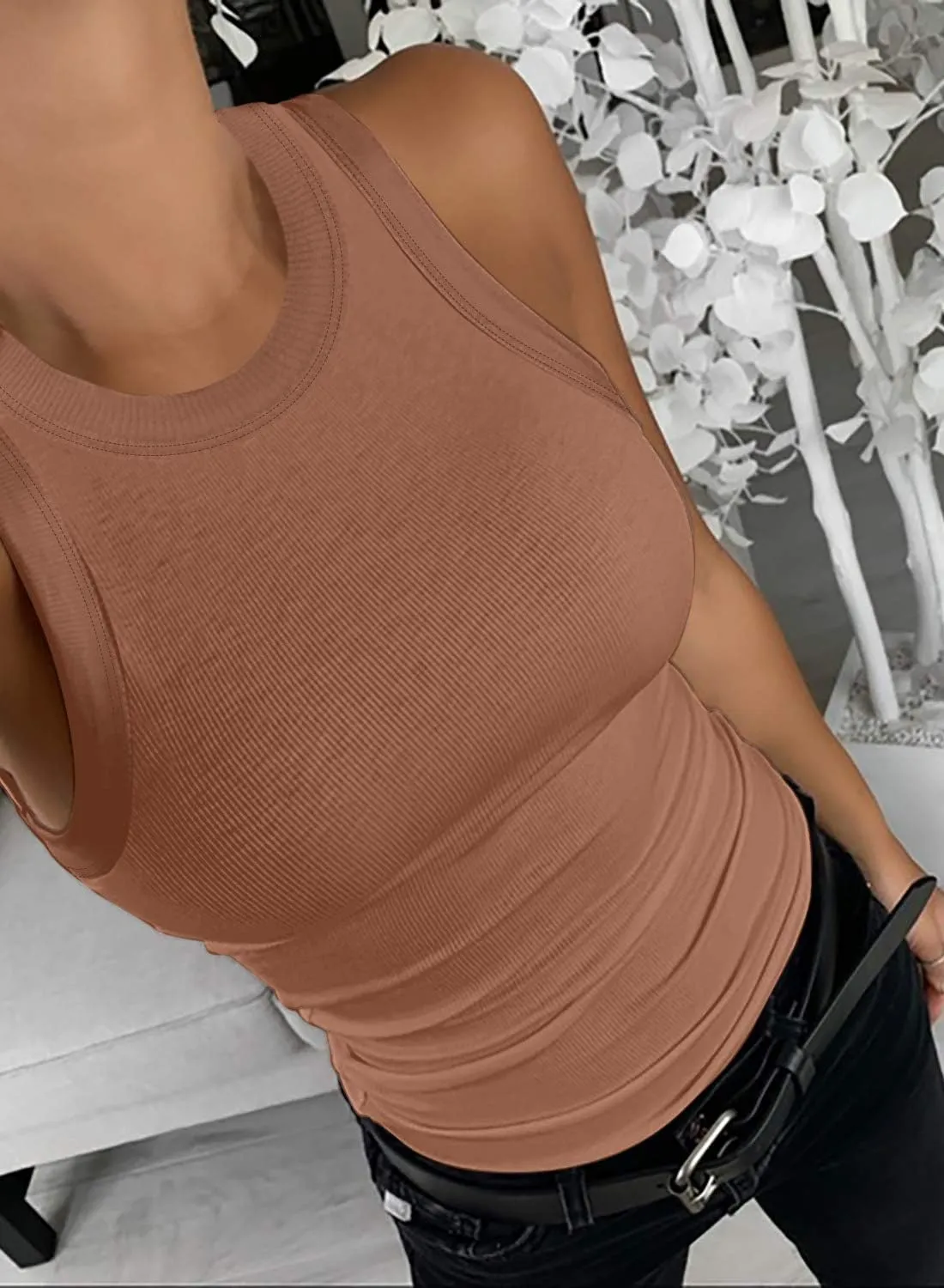 SANDERY Women Tank Tops Summer Sleeveless Basic Cami Top Shirt Slim Knit Ribbed Racerback Blouses
