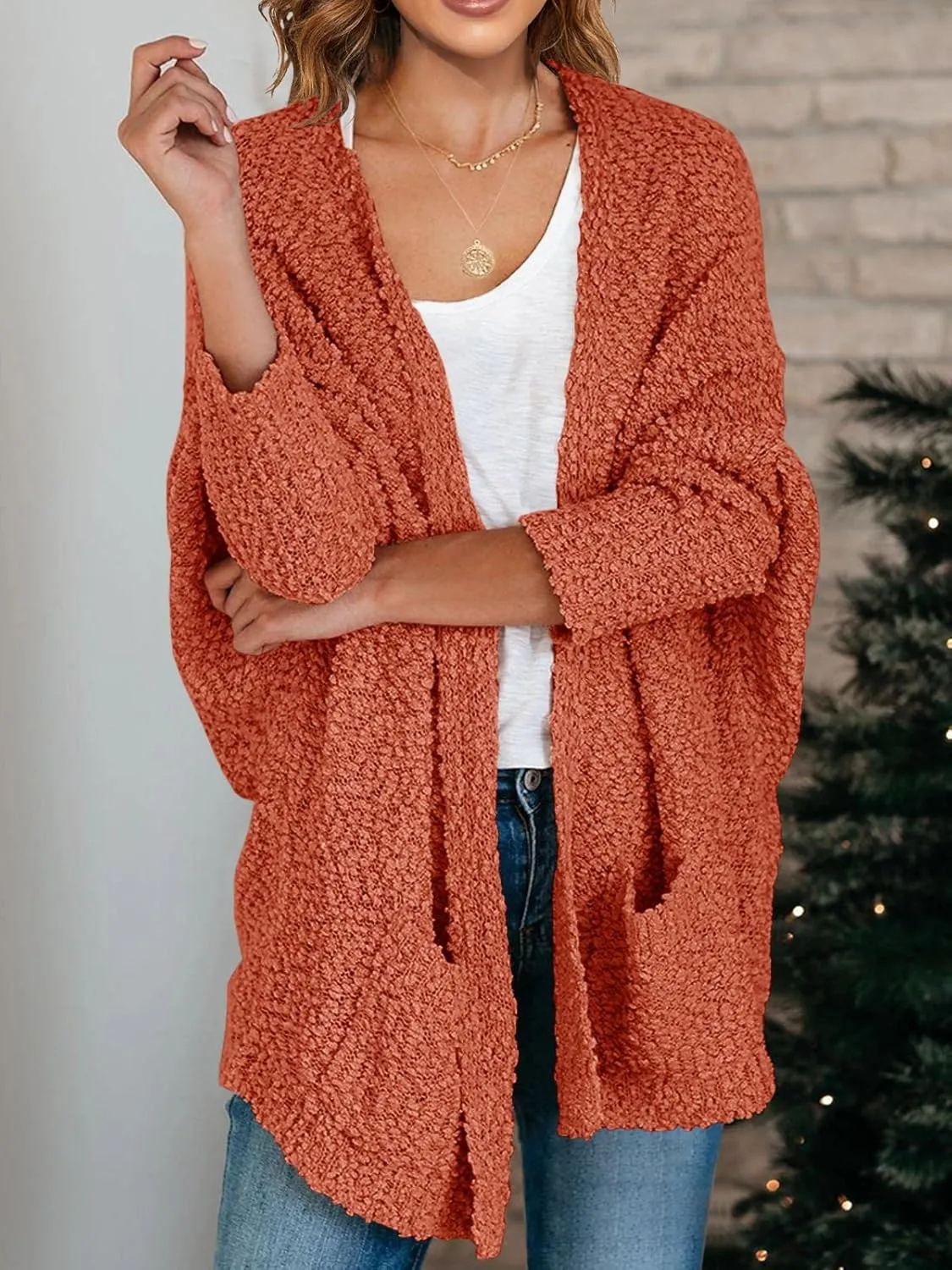 Saodimallsu Women's Chunky Popcorn Cardigan Oversized Open Front Boyfriend Batwing Long Sleeve Fuzzy Knit Sweaters