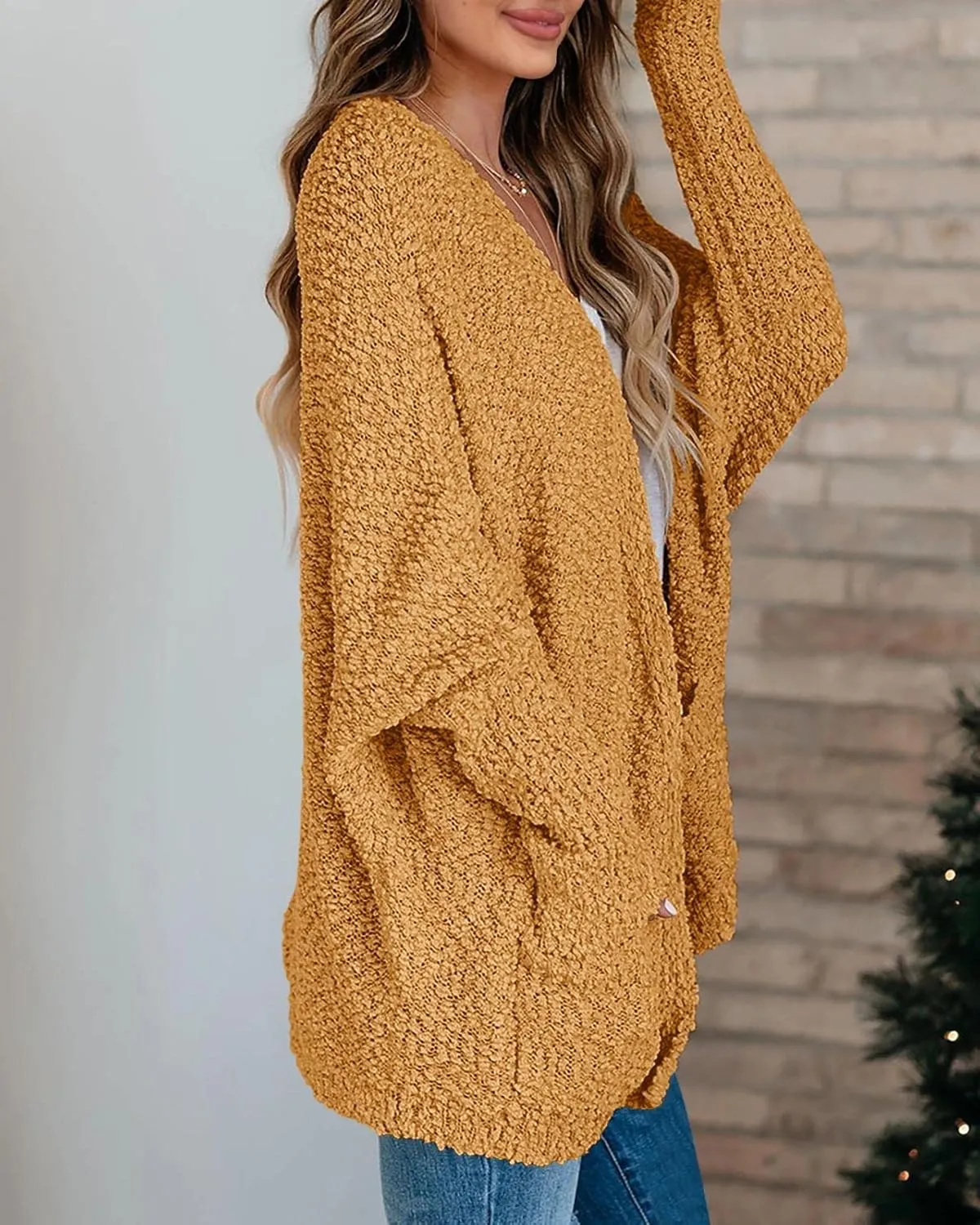 Saodimallsu Women's Chunky Popcorn Cardigan Oversized Open Front Boyfriend Batwing Long Sleeve Fuzzy Knit Sweaters