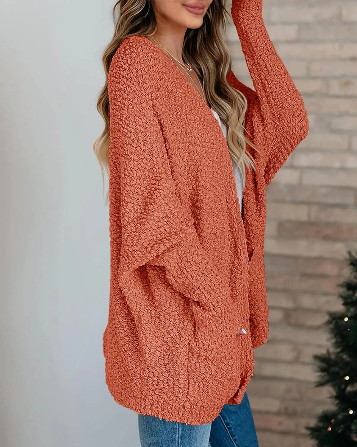 Saodimallsu Women's Chunky Popcorn Cardigan Oversized Open Front Boyfriend Batwing Long Sleeve Fuzzy Knit Sweaters