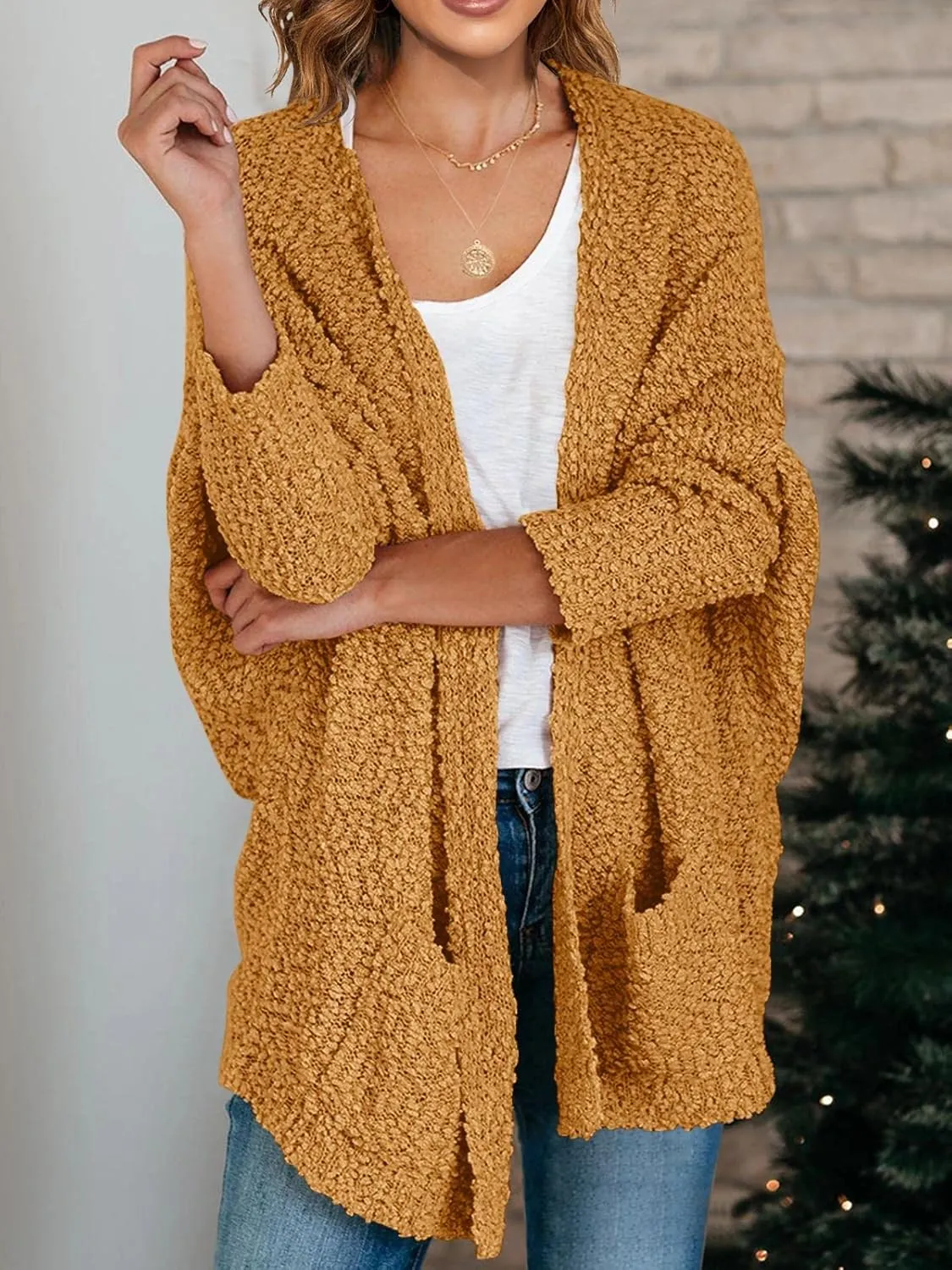 Saodimallsu Women's Chunky Popcorn Cardigan Oversized Open Front Boyfriend Batwing Long Sleeve Fuzzy Knit Sweaters