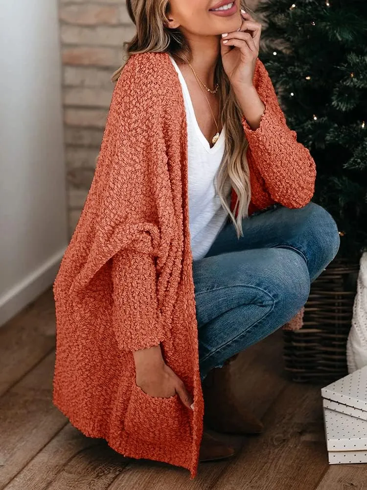 Saodimallsu Women's Chunky Popcorn Cardigan Oversized Open Front Boyfriend Batwing Long Sleeve Fuzzy Knit Sweaters