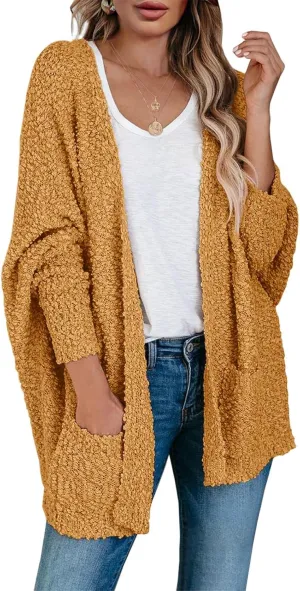 Saodimallsu Women's Chunky Popcorn Cardigan Oversized Open Front Boyfriend Batwing Long Sleeve Fuzzy Knit Sweaters