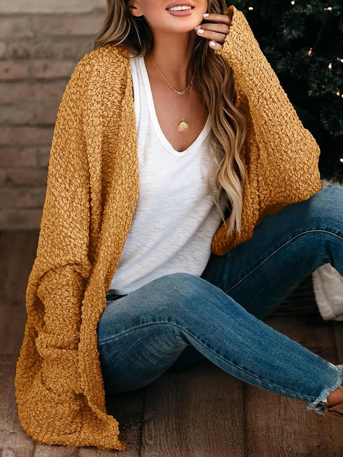 Saodimallsu Women's Chunky Popcorn Cardigan Oversized Open Front Boyfriend Batwing Long Sleeve Fuzzy Knit Sweaters