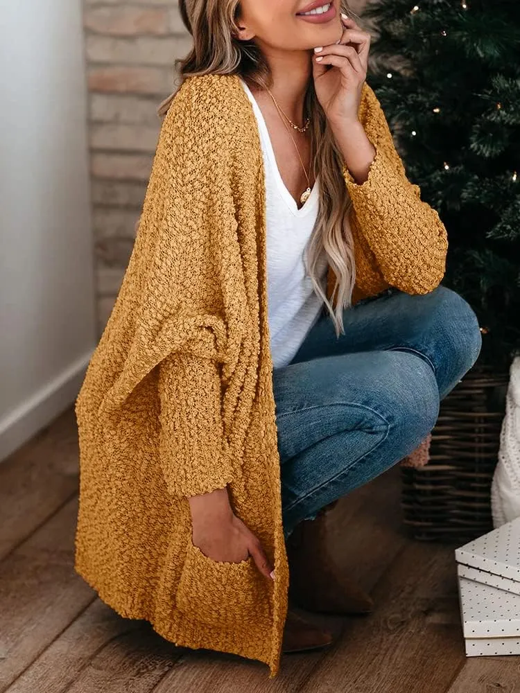 Saodimallsu Women's Chunky Popcorn Cardigan Oversized Open Front Boyfriend Batwing Long Sleeve Fuzzy Knit Sweaters