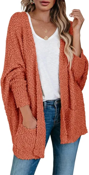 Saodimallsu Women's Chunky Popcorn Cardigan Oversized Open Front Boyfriend Batwing Long Sleeve Fuzzy Knit Sweaters