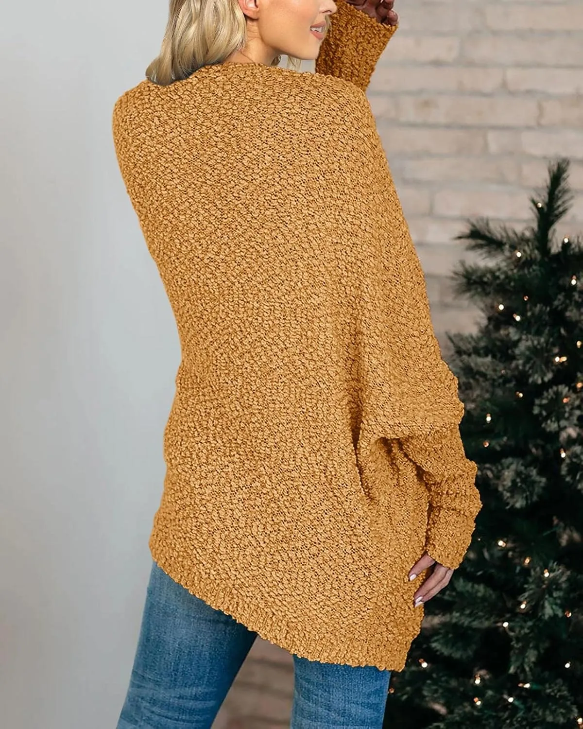 Saodimallsu Women's Chunky Popcorn Cardigan Oversized Open Front Boyfriend Batwing Long Sleeve Fuzzy Knit Sweaters