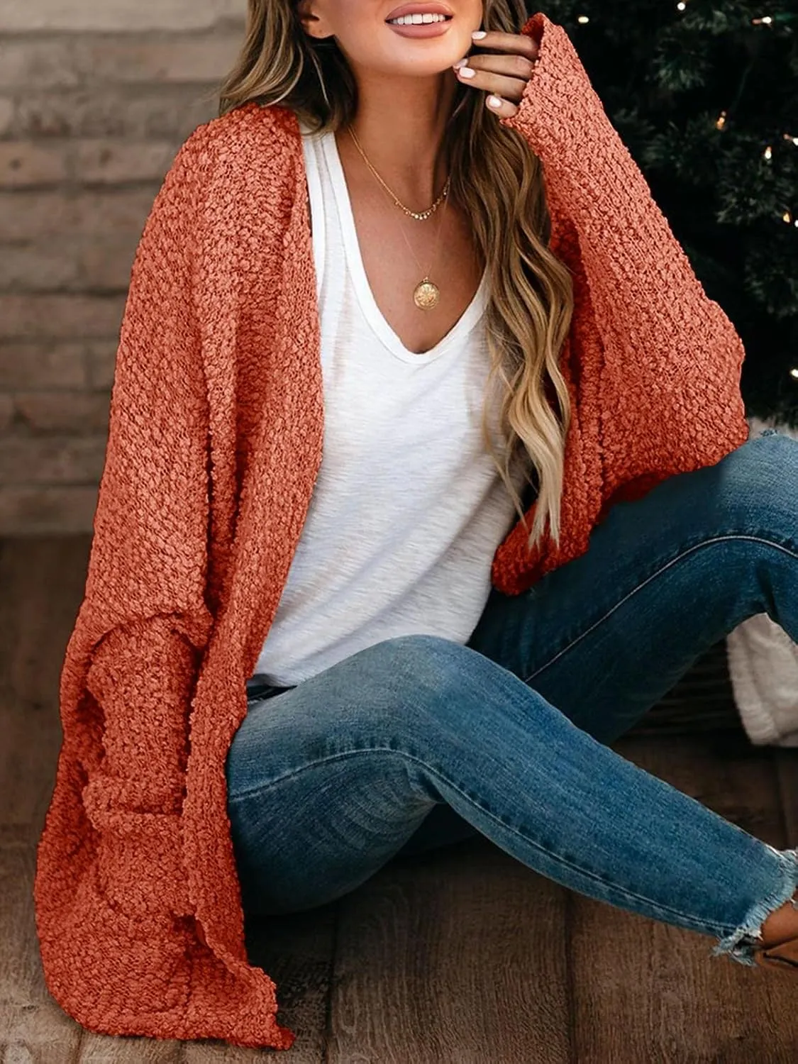 Saodimallsu Women's Chunky Popcorn Cardigan Oversized Open Front Boyfriend Batwing Long Sleeve Fuzzy Knit Sweaters
