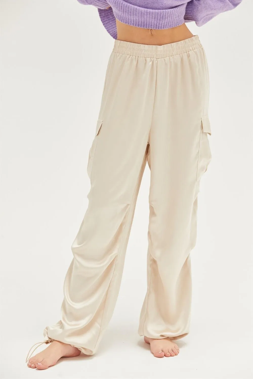 Satin Drawstring Hem Cargo Pants in Alpaca