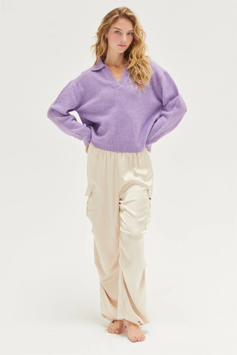 Satin Drawstring Hem Cargo Pants in Alpaca