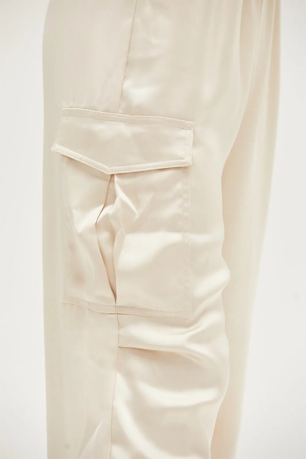 Satin Drawstring Hem Cargo Pants in Alpaca