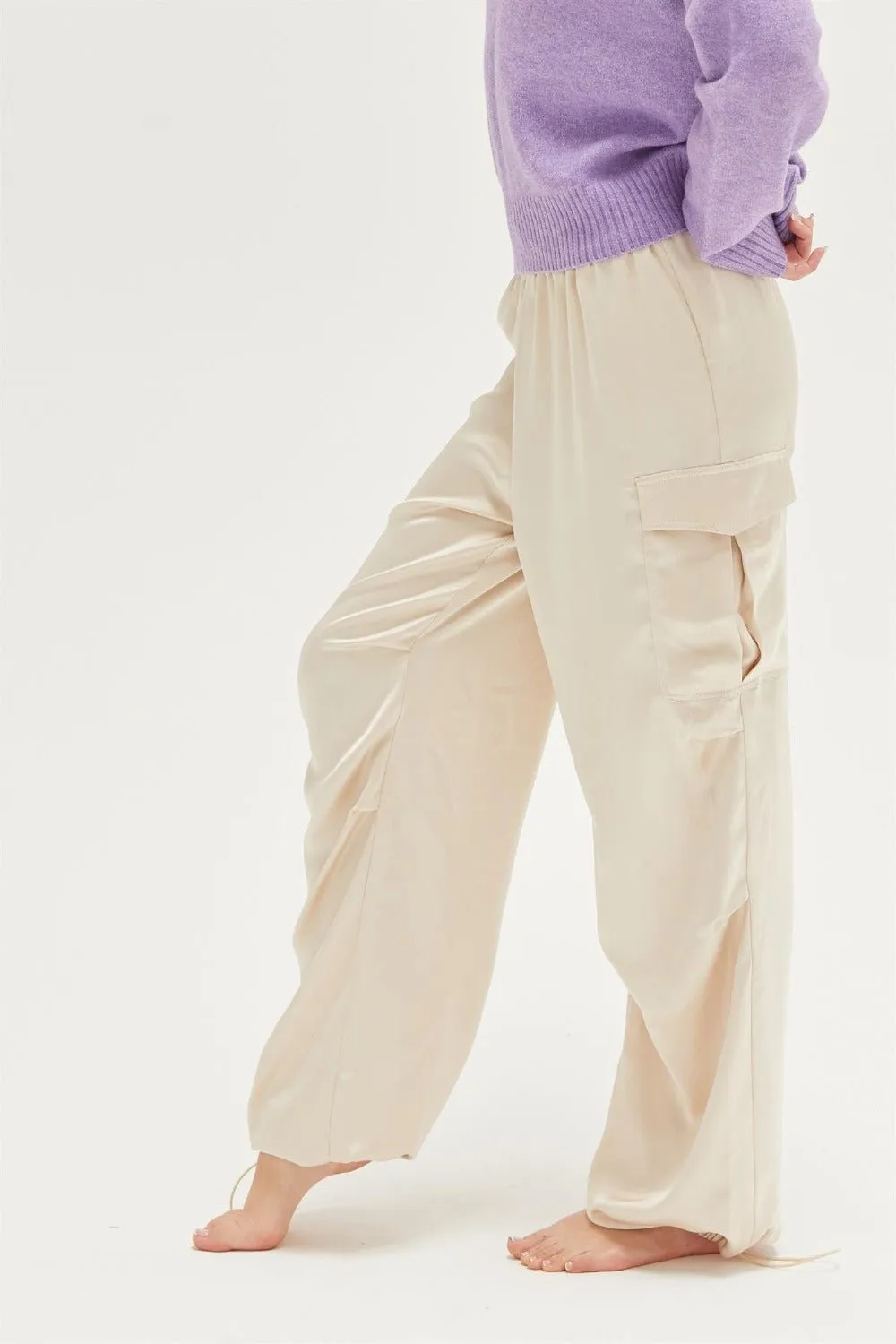 Satin Drawstring Hem Cargo Pants in Alpaca