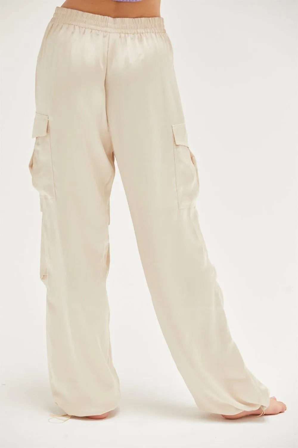 Satin Drawstring Hem Cargo Pants in Alpaca