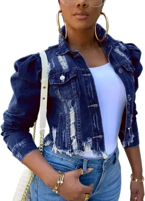SEMATOMALA Women's Puff Sleeve Crop Denim Jacket Ruffle Shoulder Long Sleeve Frayed Slim Jean Coat Outwear