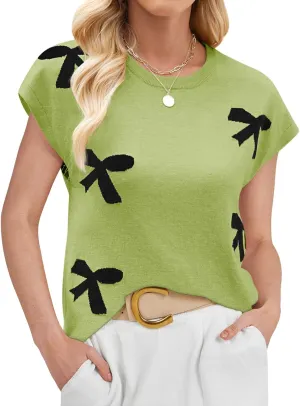 SENFURE Womens Crewneck Sleeveless Sweater Vest 2025 Trendy Cap Sleeve Bow Knit Tank Tops