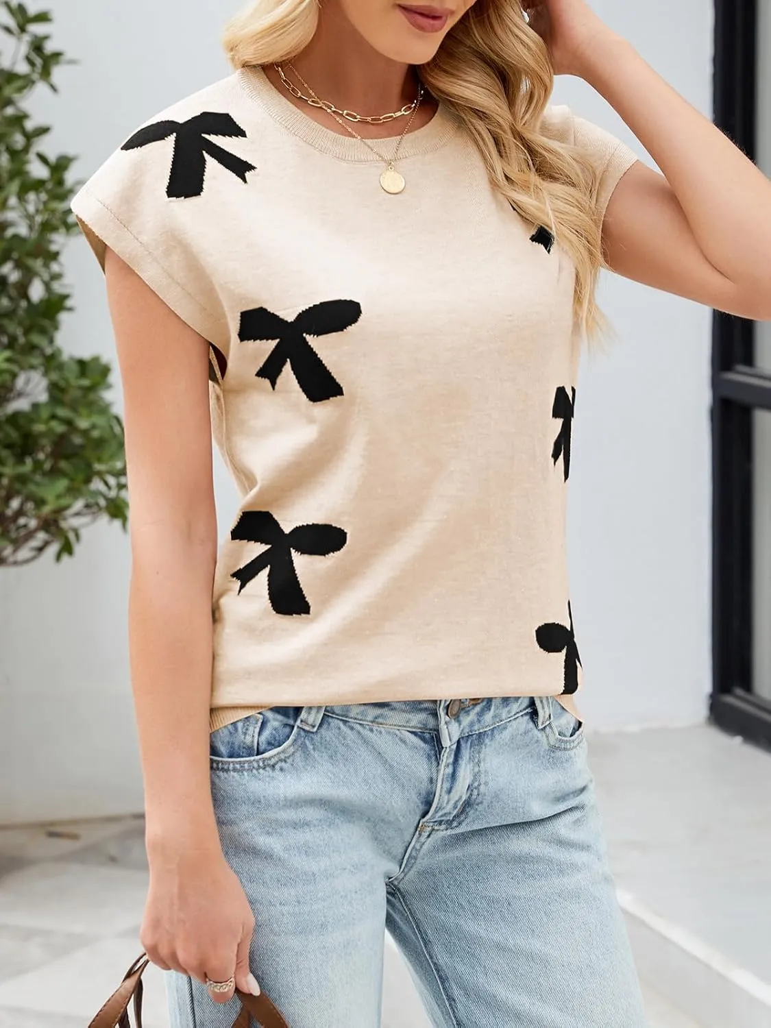 SENFURE Womens Crewneck Sleeveless Sweater Vest 2025 Trendy Cap Sleeve Bow Knit Tank Tops