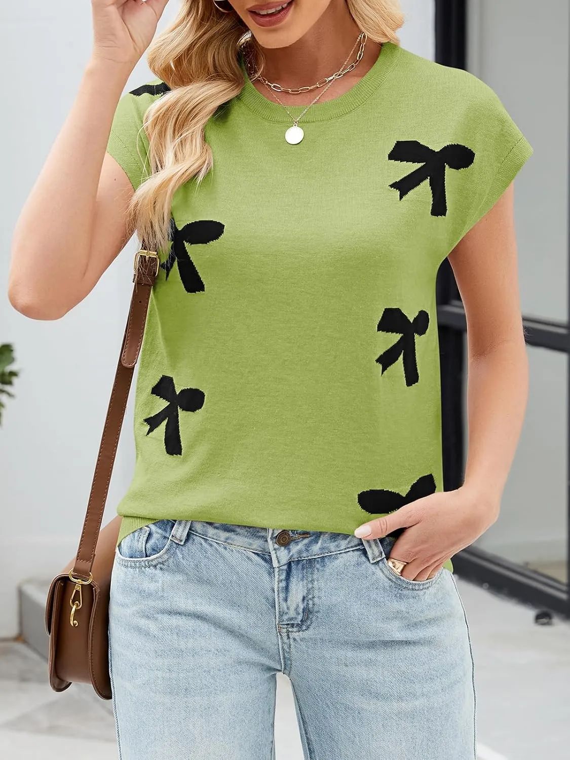 SENFURE Womens Crewneck Sleeveless Sweater Vest 2025 Trendy Cap Sleeve Bow Knit Tank Tops