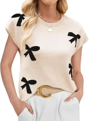 SENFURE Womens Crewneck Sleeveless Sweater Vest 2025 Trendy Cap Sleeve Bow Knit Tank Tops
