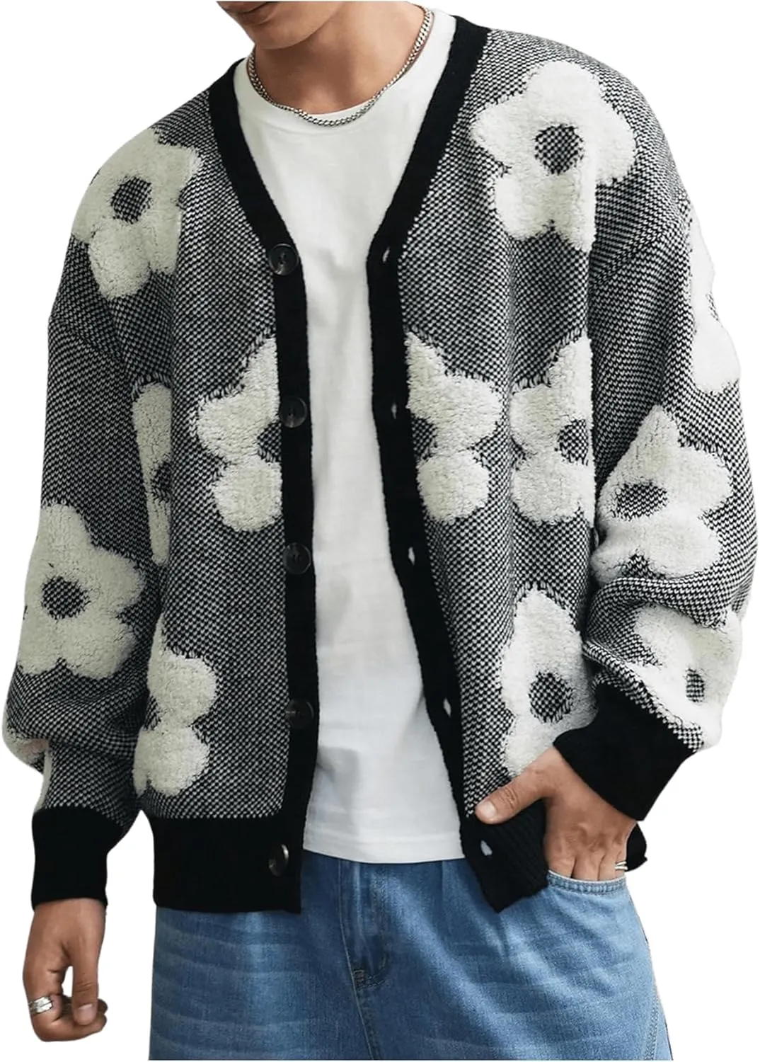 SHENHE Men's Skeleton Pattern Cardigan Sweaters Long Sleeve Unisex Outwear Knitted Coats