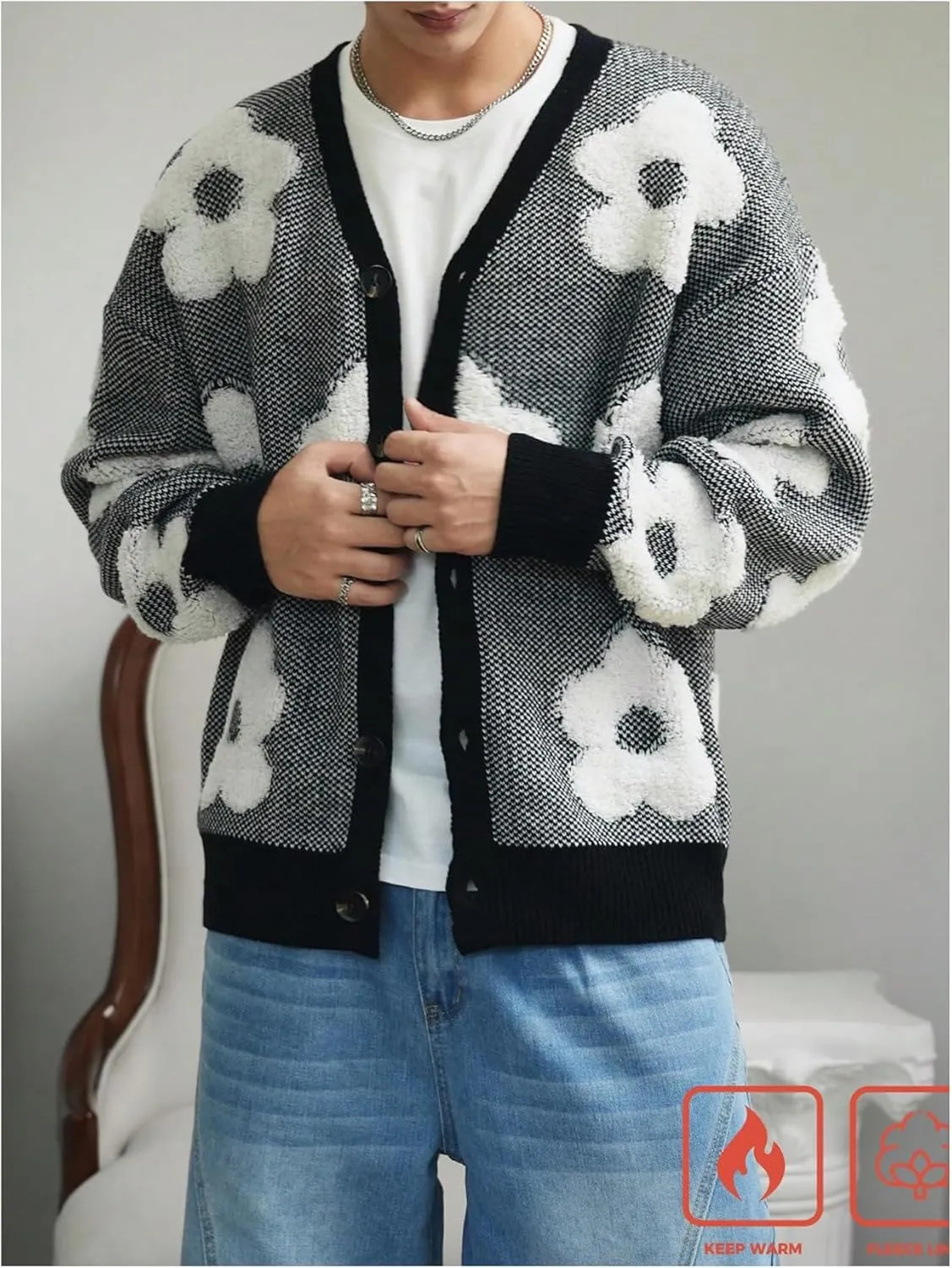 SHENHE Men's Skeleton Pattern Cardigan Sweaters Long Sleeve Unisex Outwear Knitted Coats