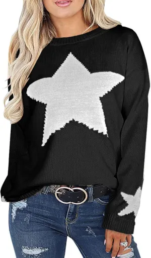 shermie Women's Star Graphic Knitted Pullover Sweaters Long Sleeve Crew Neck Casual Sweater