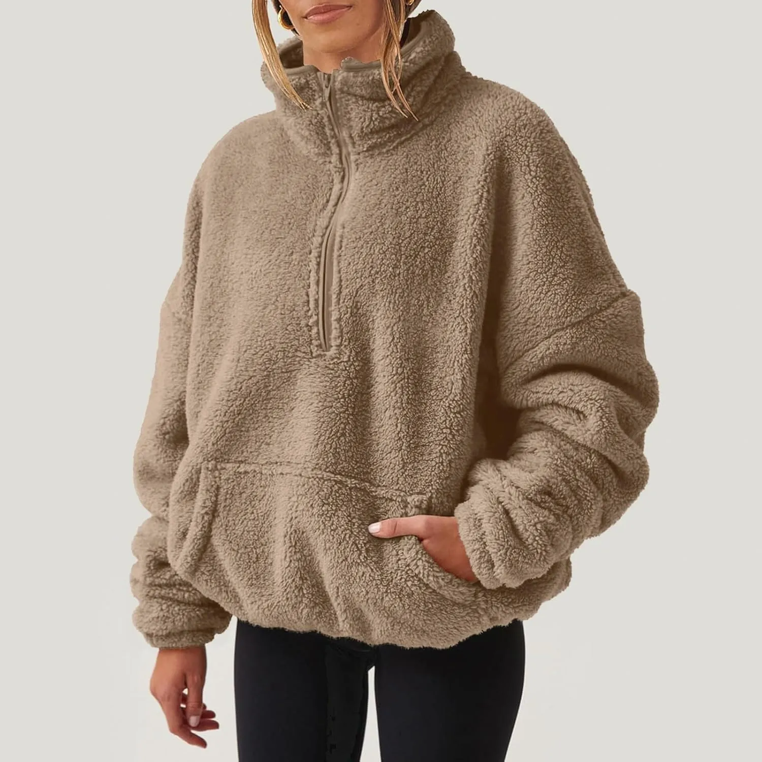 Sherpa Half Zip Pullover Women Oversized Quarter Zip Cropped Sweatshirt Fuzzy Fleece Lined Zip Up Hoodie with Pockets