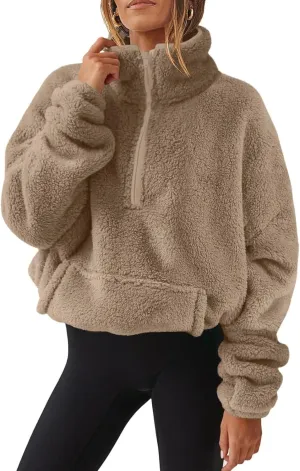 Sherpa Half Zip Pullover Women Oversized Quarter Zip Cropped Sweatshirt Fuzzy Fleece Lined Zip Up Hoodie with Pockets