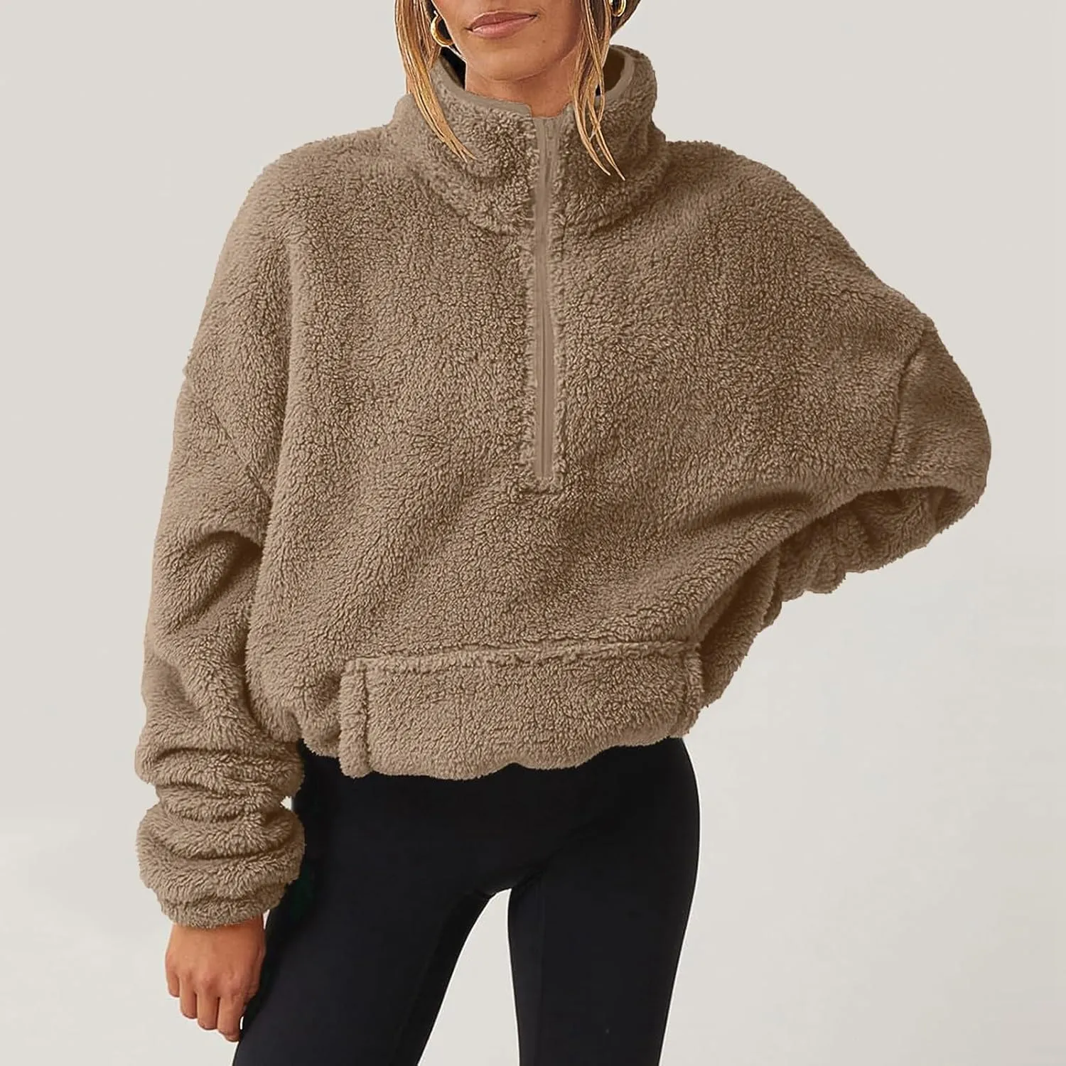 Sherpa Half Zip Pullover Women Oversized Quarter Zip Cropped Sweatshirt Fuzzy Fleece Lined Zip Up Hoodie with Pockets