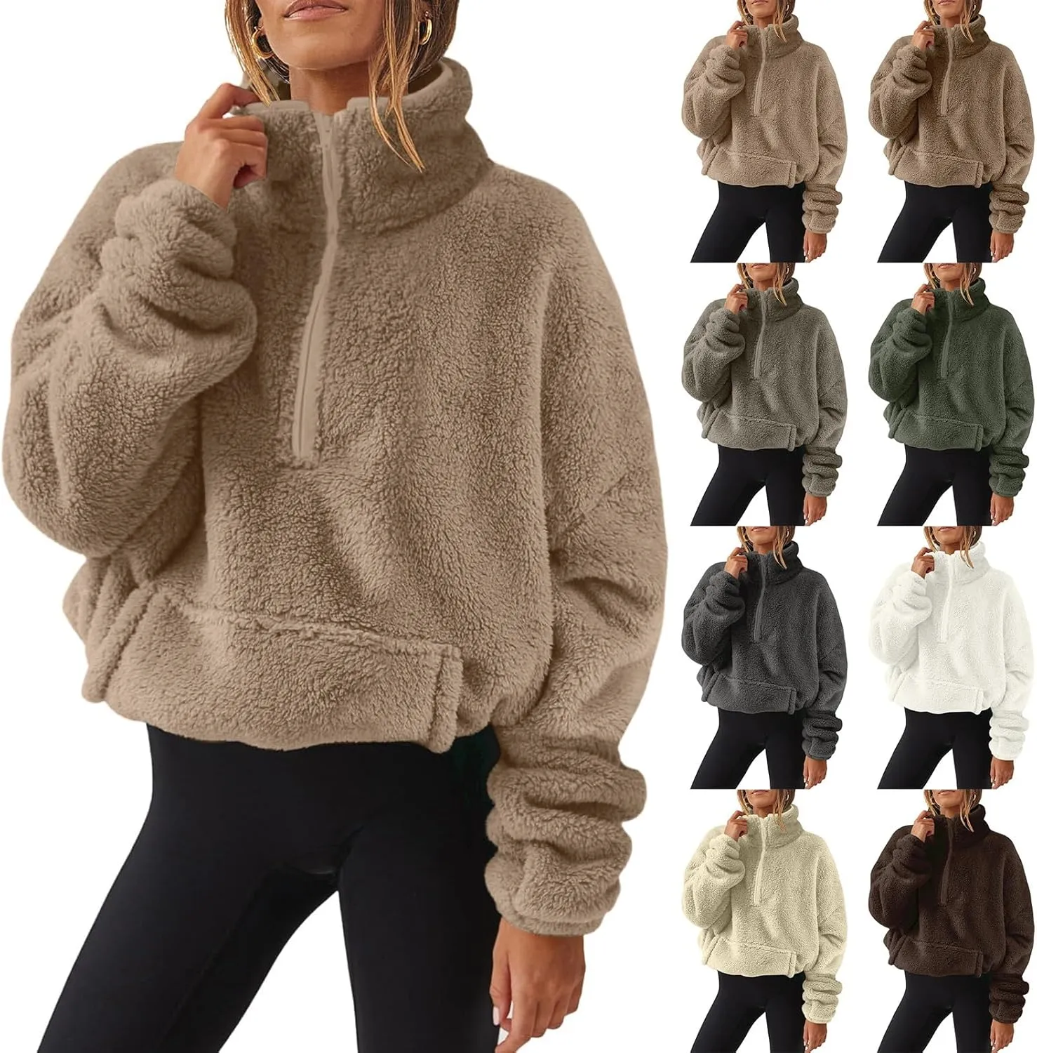 Sherpa Half Zip Pullover Women Oversized Quarter Zip Cropped Sweatshirt Fuzzy Fleece Lined Zip Up Hoodie with Pockets