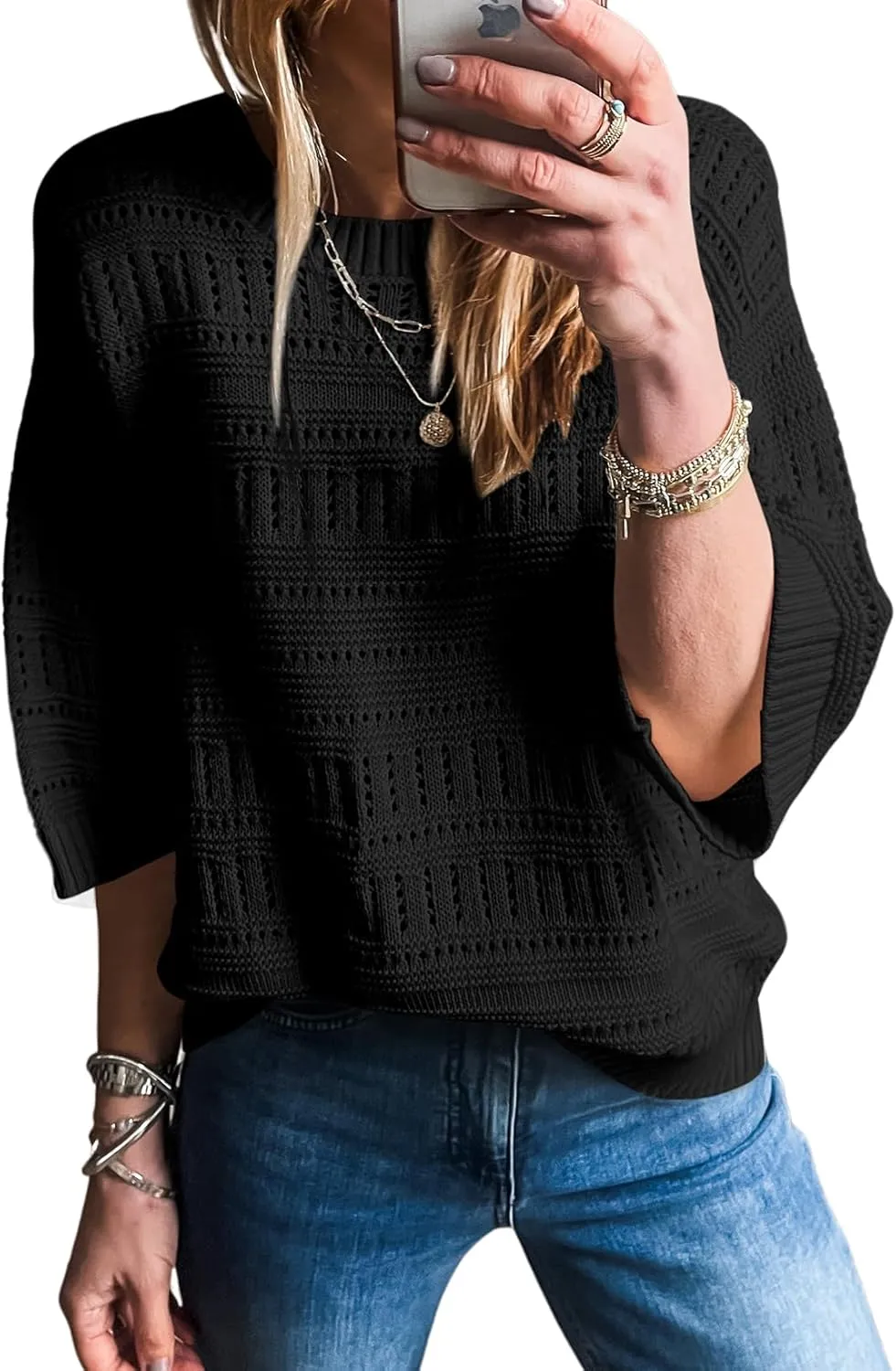 SHEWIN Sweaters for Women Causal 3/4 Length Sleeve Womens Top Oversized Tunic Sweater Spring Tops