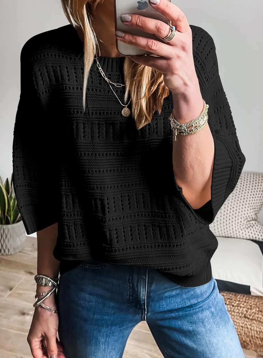 SHEWIN Sweaters for Women Causal 3/4 Length Sleeve Womens Top Oversized Tunic Sweater Spring Tops