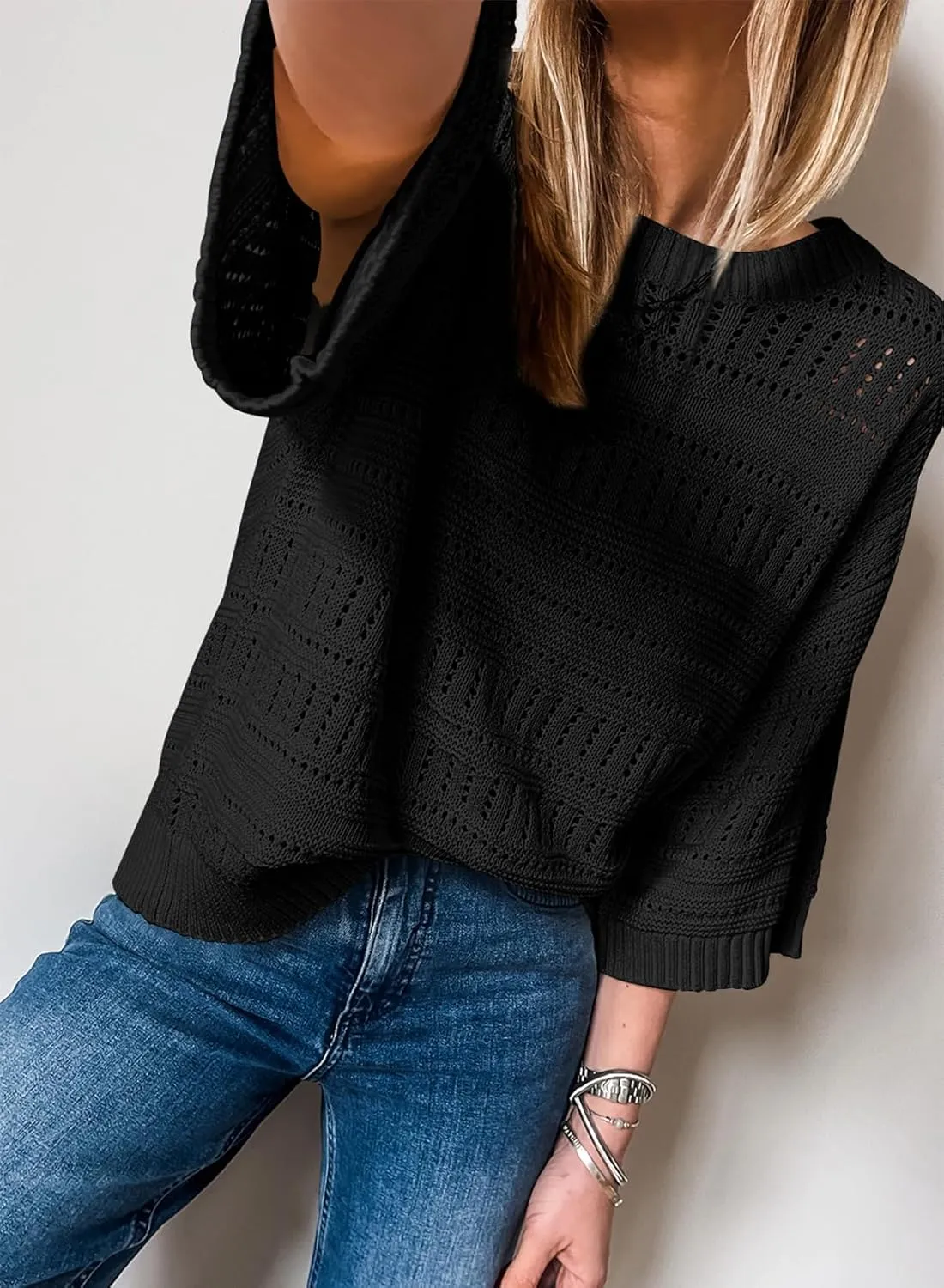 SHEWIN Sweaters for Women Causal 3/4 Length Sleeve Womens Top Oversized Tunic Sweater Spring Tops