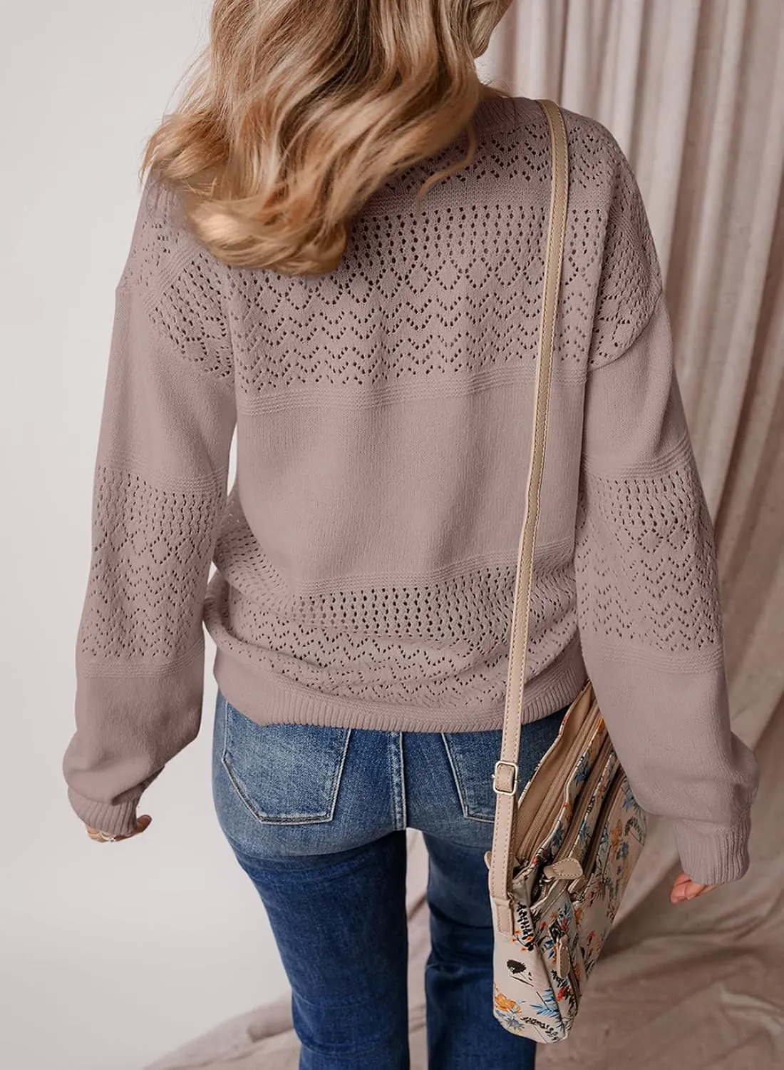 SHEWIN Womens Sweaters Casual Long Sleeve V Neck Lightweight Crochet Pullover Sweater Tops