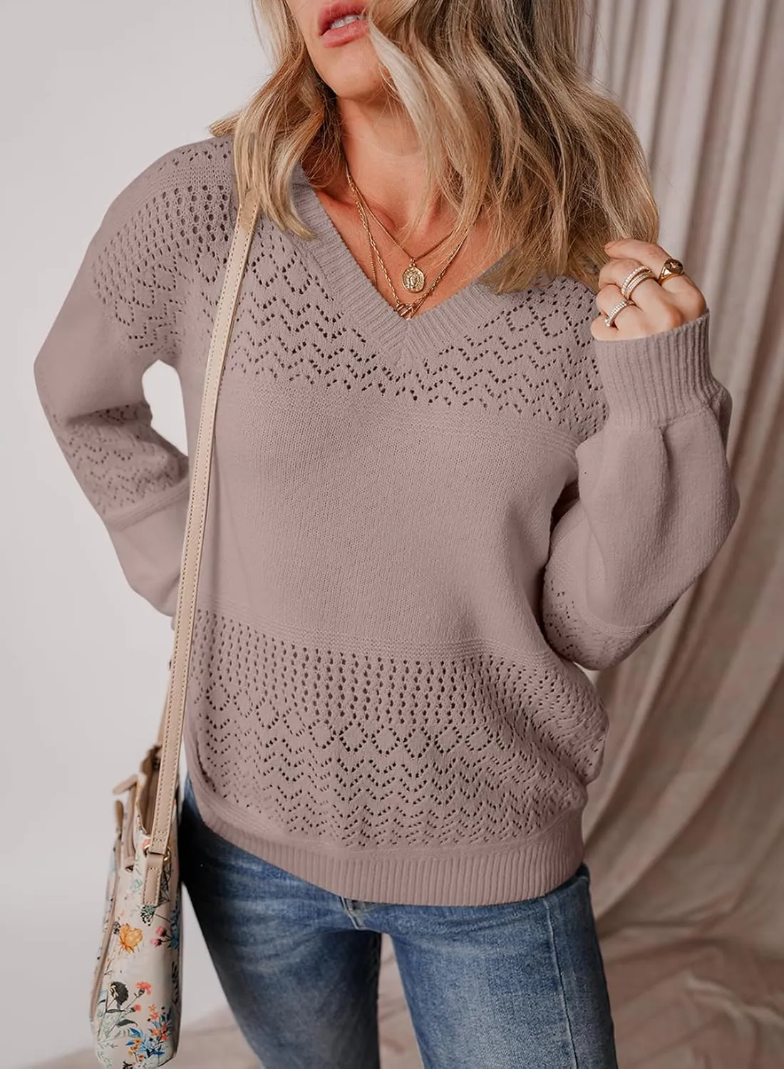 SHEWIN Womens Sweaters Casual Long Sleeve V Neck Lightweight Crochet Pullover Sweater Tops
