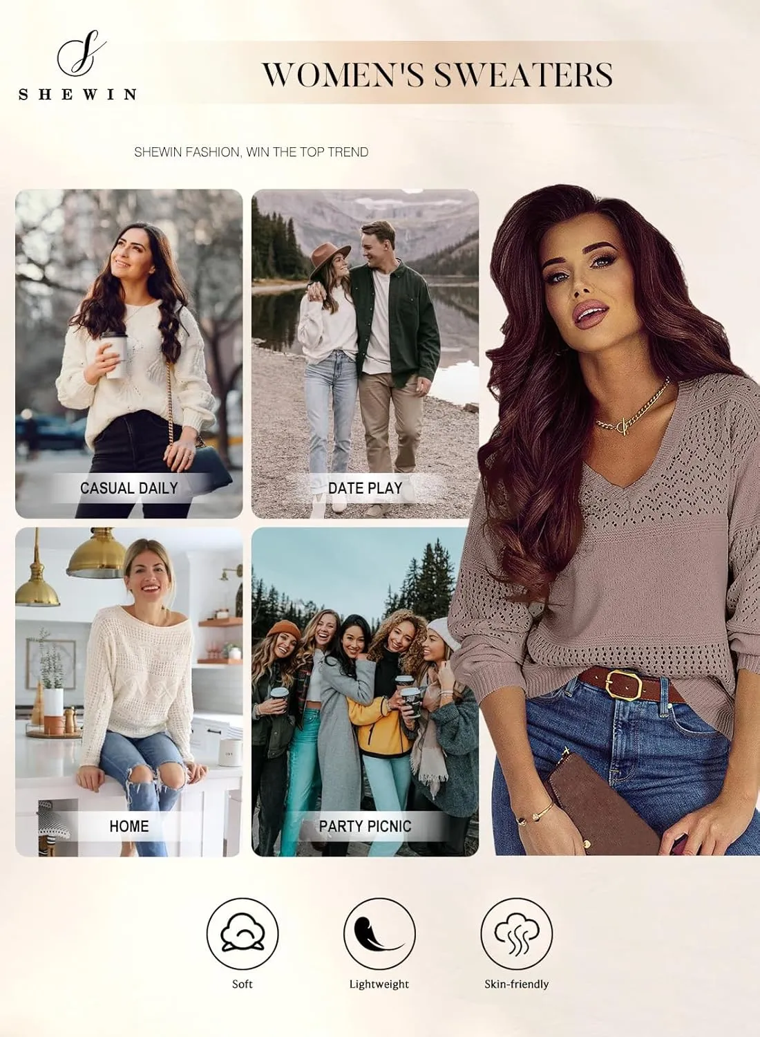 SHEWIN Womens Sweaters Casual Long Sleeve V Neck Lightweight Crochet Pullover Sweater Tops