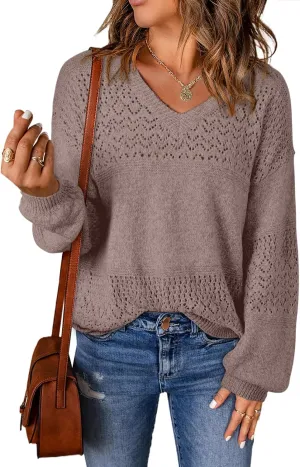 SHEWIN Womens Sweaters Casual Long Sleeve V Neck Lightweight Crochet Pullover Sweater Tops
