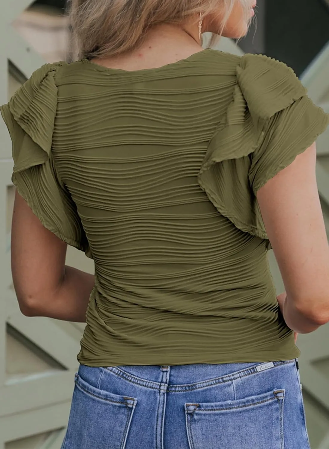 SHEWIN Womens Tops Casual Crewneck Ruffle Short Sleeve T Shirts Slim Fit Dressy Blouses