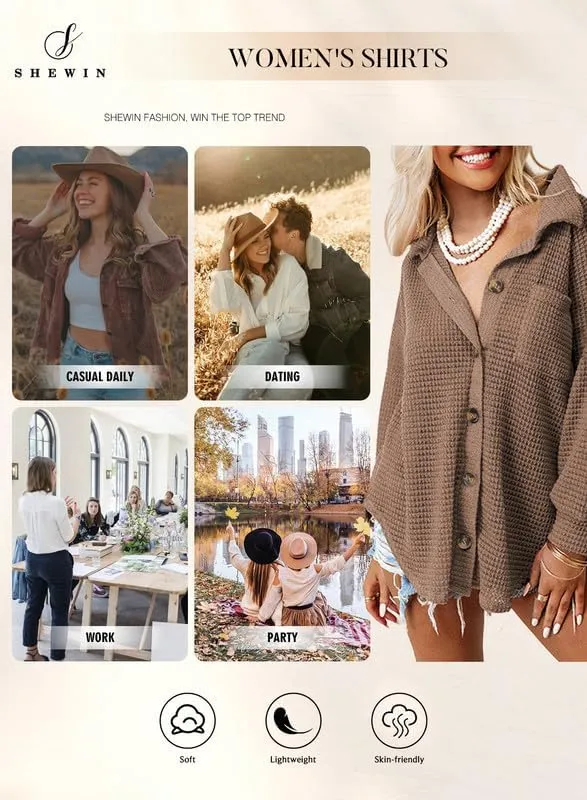 SHEWIN Women's Waffle Knit Button Down Shirts Casual Long Sleeve Shacket Jacket Boyfriend Tops Blouses Loose Fit