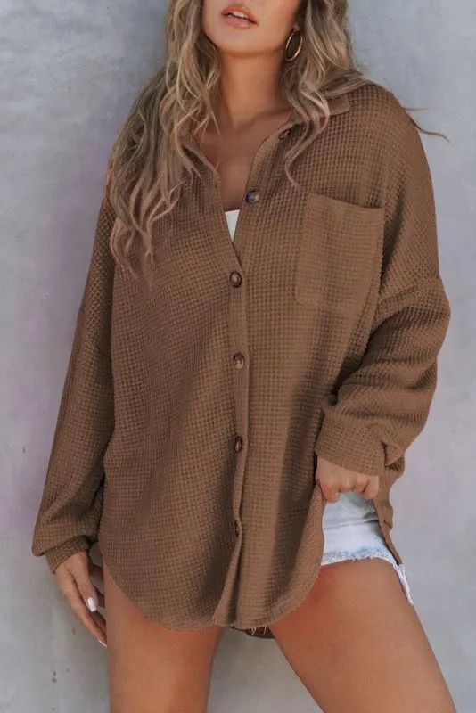 SHEWIN Women's Waffle Knit Button Down Shirts Casual Long Sleeve Shacket Jacket Boyfriend Tops Blouses Loose Fit