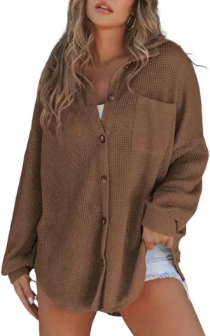 SHEWIN Women's Waffle Knit Button Down Shirts Casual Long Sleeve Shacket Jacket Boyfriend Tops Blouses Loose Fit