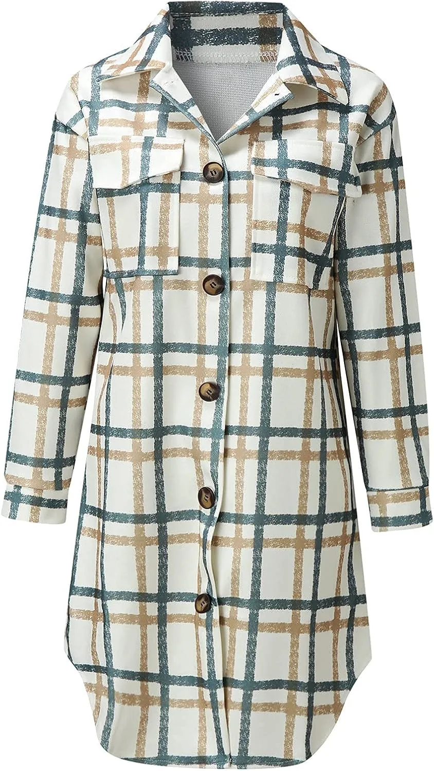 SHOPESSA Mid Length Winter Trench Coats for Women Casual Wool Blend Coat Button Down Plaid Shirts Long Shacket Jackets