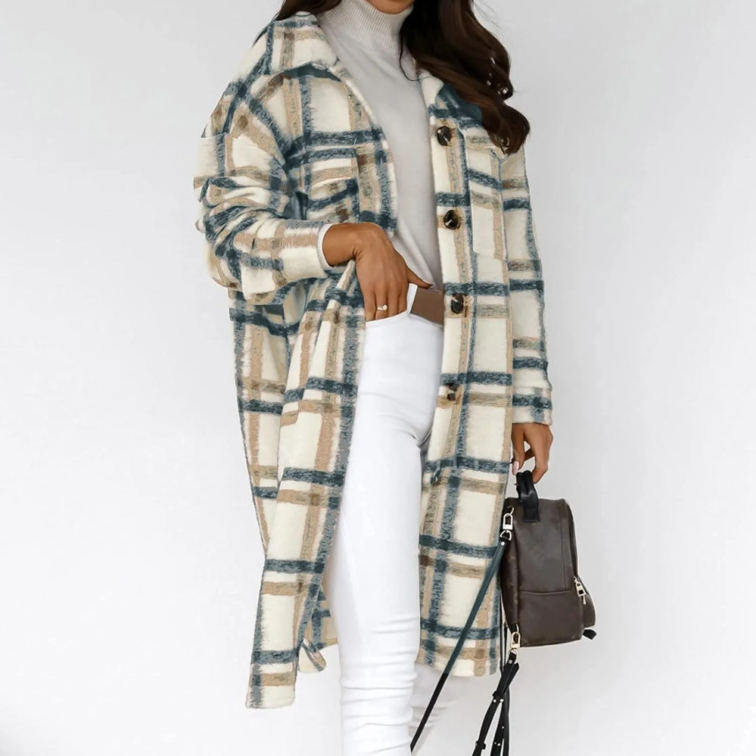SHOPESSA Mid Length Winter Trench Coats for Women Casual Wool Blend Coat Button Down Plaid Shirts Long Shacket Jackets