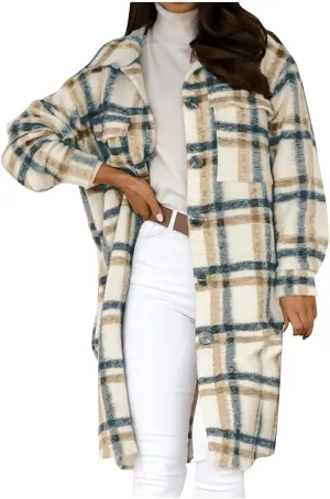 SHOPESSA Mid Length Winter Trench Coats for Women Casual Wool Blend Coat Button Down Plaid Shirts Long Shacket Jackets