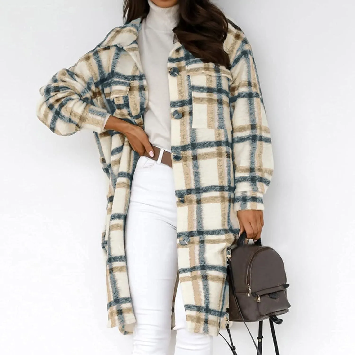SHOPESSA Mid Length Winter Trench Coats for Women Casual Wool Blend Coat Button Down Plaid Shirts Long Shacket Jackets