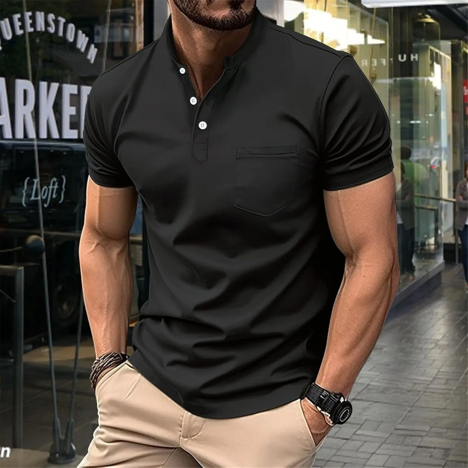 Short Sleeve Muscle Henley T-Shirts for Men Casual Cotton Gym Workout Athletic V Neck Tees Quick Dry Summer Work Polo Shirts