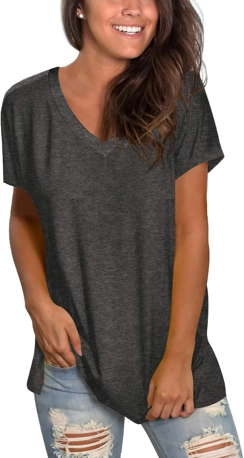 Sipaya Womens T Shirts Basic V Neck Tee Loose Fitting Casual Short Sleeve Tops